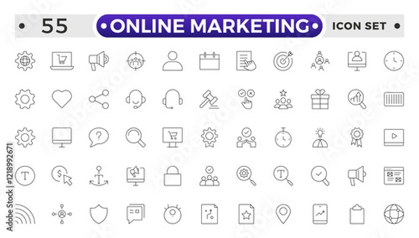 Fototapeta Online marketing and SEO outline icons set. Marketing & Search Engine Optimization outline icons collection. Website, search, mail, analysis, content, strategy, development, store.