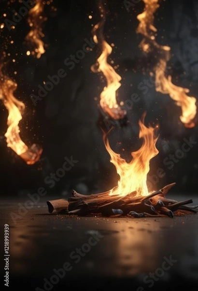 Fototapeta burning flame on a dark background with twinkling lights, illumination, colors, spark