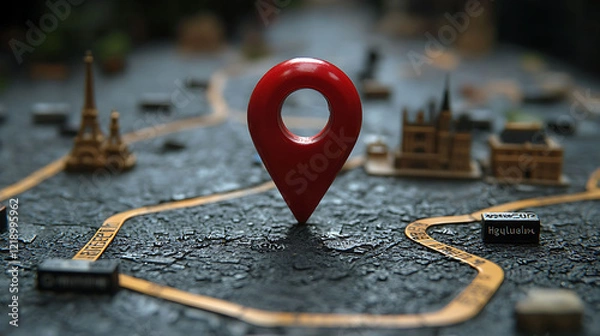 Fototapeta Red location pin on a detailed miniature city map.  Illustrates travel, navigation, or destination concepts.