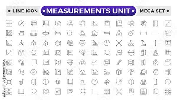 Fototapeta Measurement outline icons set with Measure, Area, Dimension, Distance, Diameter, Meter, Width, Radius, Length, weight and volume. Contains such icons as ruler, m2, area and more.