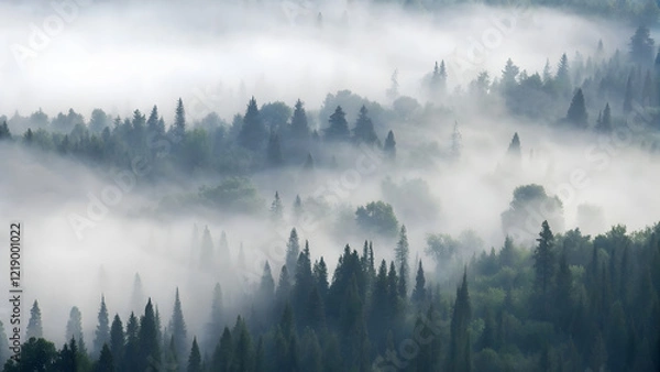 Fototapeta A dense forest shrouded in mist, seen from above. Tall pine trees stand amidst a sea of lush, verdant colors