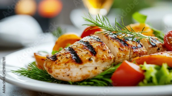 Fototapeta Close-up of a gourmet dish plated with precision, showcasing ingredients, artistic presentation, vibrant colors, food styling, culinary art, appetizing textures