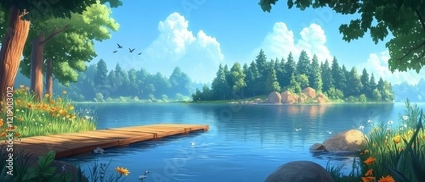 Obraz Beautiful landscape with a lake and a wooden bridge