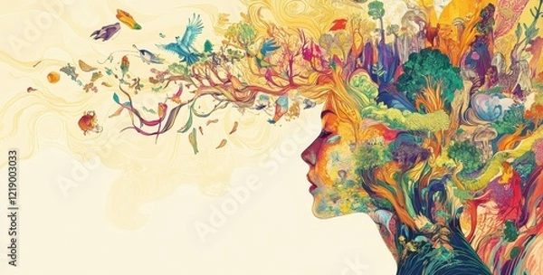 Fototapeta A person's head with colorful images of various objects, such as trees and animals, flowing out from the brain area. 