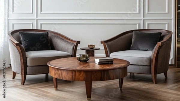 Fototapeta A Luxurious Living Room With Two Elegant Armchairs And A Stunning Wooden Coffee Table. The Room Is Beautifully Decorated With A Sophisticated And Calming Atmosphere.