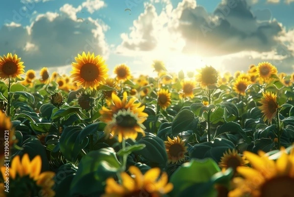 Fototapeta A vibrant sunflower field under the morning sun with blue skies and fluffy clouds, radiating warmth and positivity..