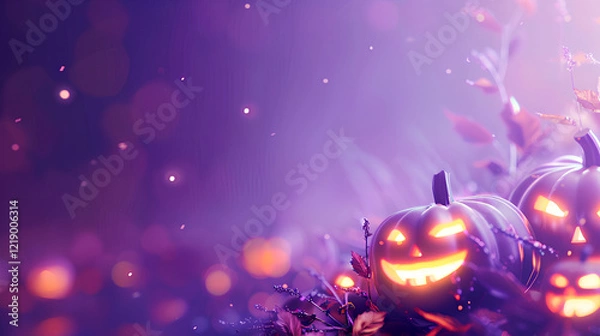 Fototapeta pastel purple background with glowing pumpkins, a simple design in a cute and spooky style, minimalist backgrounds, Halloween
