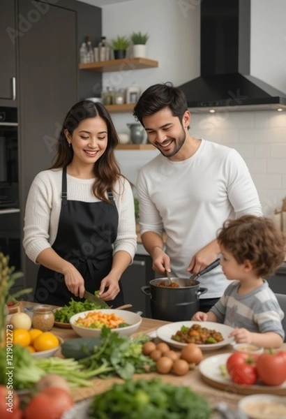 Fototapeta A modern kitchen where a couple prepares dinner together, with the man chopping vegetables and the woman stirring a pot, while a child sets the table, creating a cozy family atmosphere Generative AI
