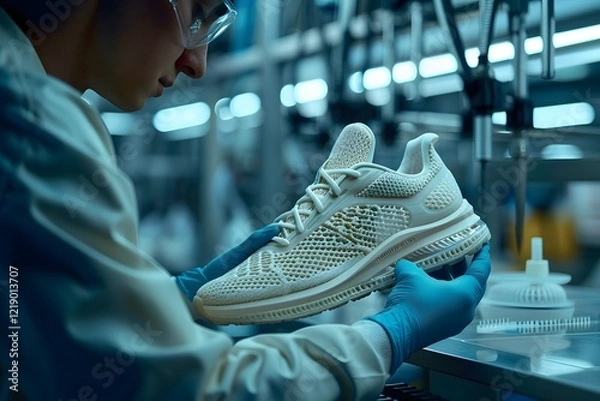 Fototapeta A skilled worker in a lab coat and gloves inspects a newly produced sneaker in a high-tech factory. The environment features advanced equipment and focused lighting, highlighting the craftsmanship