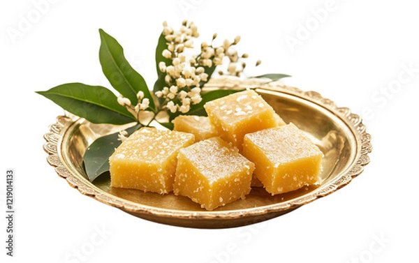 Fototapeta The Perfect Blend: Fresh Jaggery and Neem Flowers on Brass Isolated on transparent background.