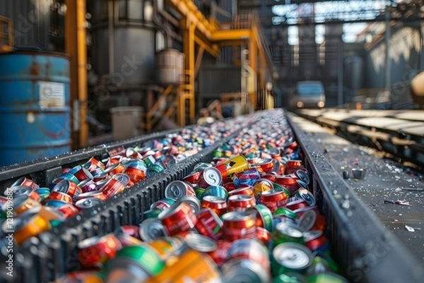 Fototapeta Crushed aluminum cans are scattered across a conveyor belt in a recycling facility. Workers oversee the process as the cans move through the industrial setting early in the morning