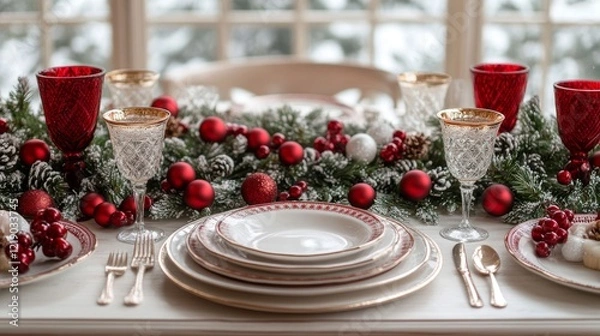 Fototapeta Festive Christmas table setting with red and gold decorations.