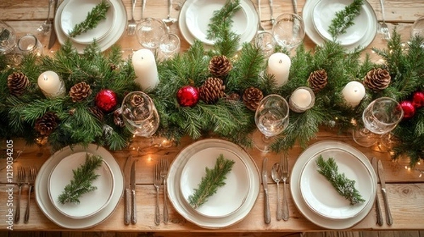 Fototapeta Festive Christmas table setting with evergreen garland, candles, and red ornaments.