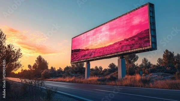 Fototapeta Large digital billboard displaying an advertisement against a colorful sunset sky on a highway.

