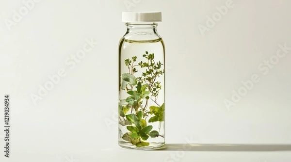 Fototapeta A close-up of a bottle of olive oil and fresh herbs on a white isolated background