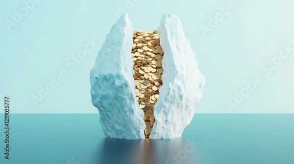 Fototapeta iceberg split in two reveals hidden gold coins, symbolizing hidden costs of climate inaction. This striking image highlights urgent need for environmental awareness