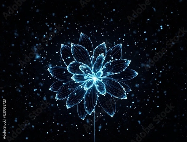 Fototapeta Blue flower with shiny particles on dark background.. Flor azul com particulas brilhantes em fundo escuro.