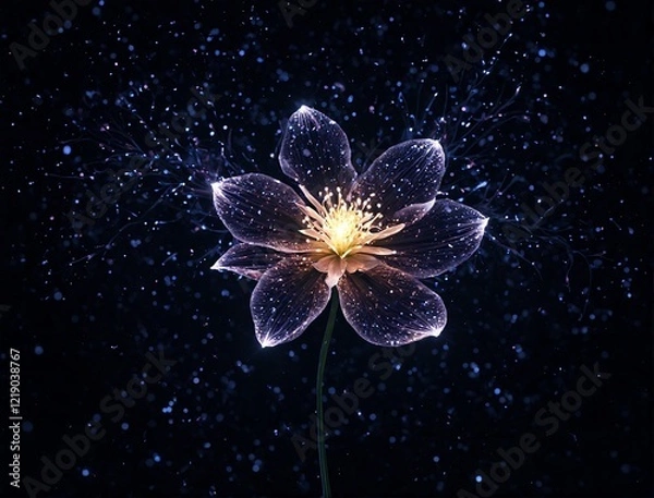 Obraz  Flor roxa com particulas brilhantes em fundo escuro. Purple flower with shiny particles on dark background.