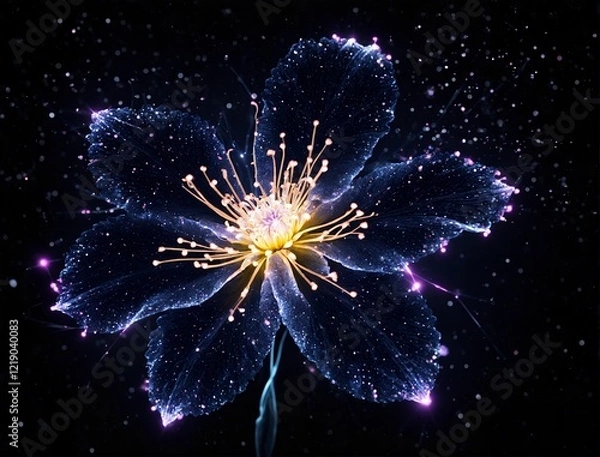 Fototapeta Flor roxa com particulas brilhantes em fundo escuro. Purple flower with shiny particles on dark background.