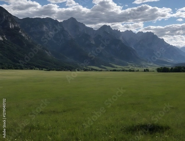 Obraz Paisagem de campo aberto com montanhas ao fundo. Landscape of open field with mountains in the background