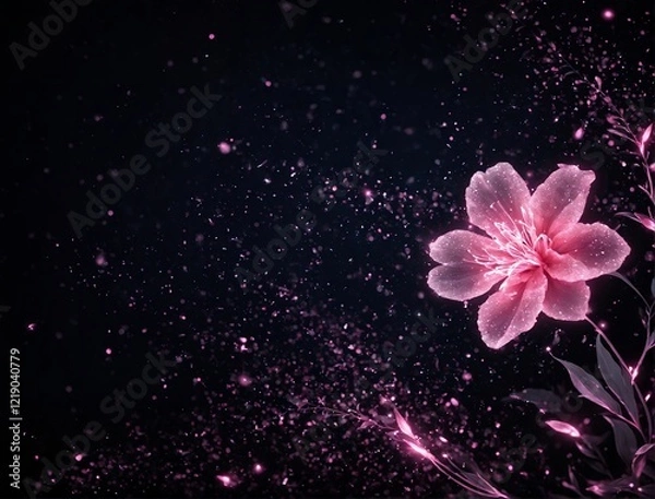 Fototapeta Pink flower with glowing particles on dark background. Flor rosa com partículas brilhantes em fundo escuro