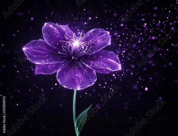 Fototapeta Flor roxa com particulas brilhantes em fundo escuro. Purple flower with shiny particles on dark background.