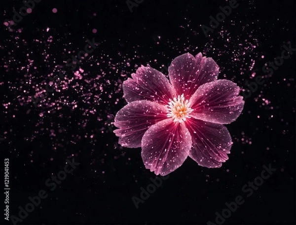 Obraz Pink flower with glowing particles on dark background. Flor rosa com partículas brilhantes em fundo escuro