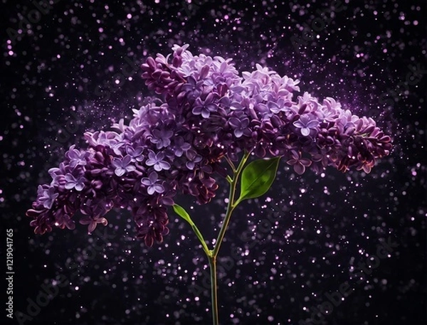 Obraz Flor roxa com particulas brilhantes em fundo escuro. Purple flower with shiny particles on dark background.