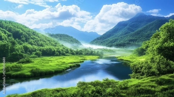 Obraz Stunning wetland landscape  flowing water, lush green marshes, and a vivid horizon at dusk