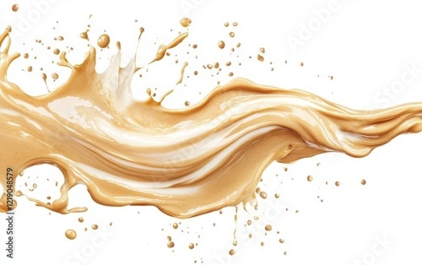 Obraz A flying stream of cashew butter with creamy splashes, creating artistic patterns on a white backdrop.