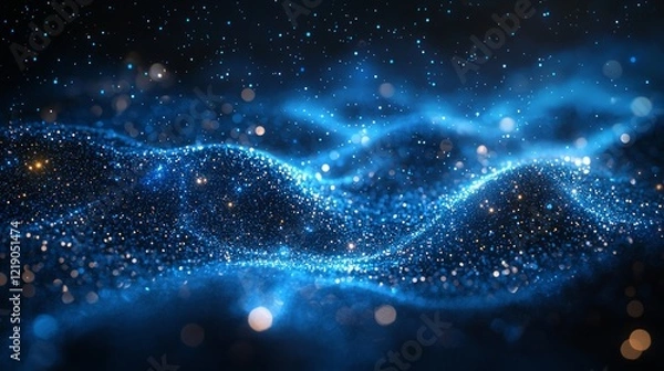 Fototapeta Blue particle wave abstract background; digital art for tech websites