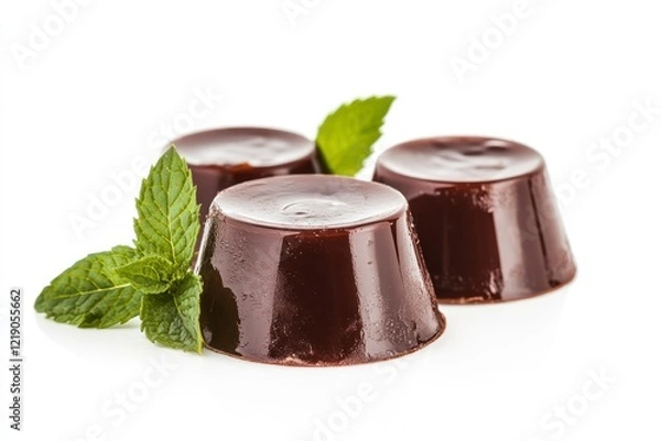 Fototapeta chocolate jello on a white background, with a mint leaf, delicious and inviting, a close-up shot, isolated on the left side, high resolution, realistic texture, natural lighting.