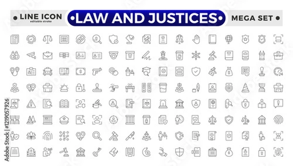 Fototapeta law and Justices icon set such as thin line divorce, protection law, diplopy, law enforcement, firm, police badge, services icons for report, and presentation. Editable stroke outline icon.   