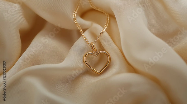 Obraz A close-up of a delicate gold heart pendant necklace resting gently on soft cream-colored fabric, highlighting its elegance and charm with subtle reflections of light on the gold surface.