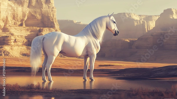 Obraz "National Arabian Horse Day" in bold white letters is displayed at the bottom of a photo capturing a noble Arabian horse standing in the heart of a desert oasis, 