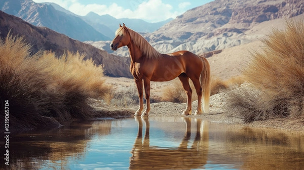 Obraz "National Arabian Horse Day" in bold white letters is placed at the bottom of the photo, featuring a majestic Arabian horse standing regally in a desert oasis, bathed in golden sunlight.

