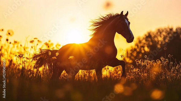 Obraz The words "National Horse Protection Day" are written in soft script, gracefully overlaid on a stunning image of a horse silhouette galloping at sunset. 