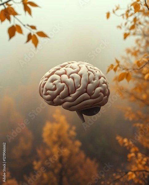 Fototapeta Floating brain amidst autumn foliage in misty landscape.

