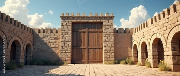 Fototapeta The huge walls of the ancient city with huge closed wooden gates
