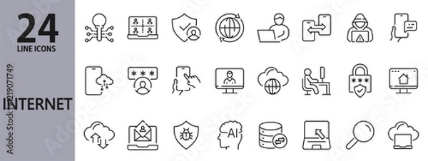 Obraz Internet line icons set with Security, Business, Cyberspace, Mail, Password, AI, Network, Notebook, Cloud, Server and more. Editable Stroke