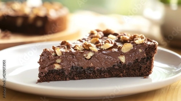 Fototapeta A slice of rich chocolate cake with nuts, on the table, in close-up view, product photography, studio lighting, natural light, delicious-looking, on a white plate, with a bokeh background.