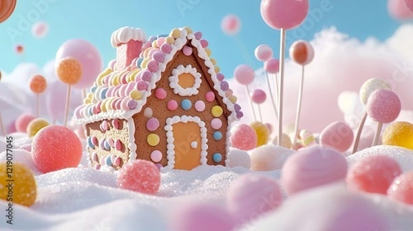 Fototapeta Whimsical Gingerbread House Surrounded by Colorful Candy in a Fantasy Landscape
