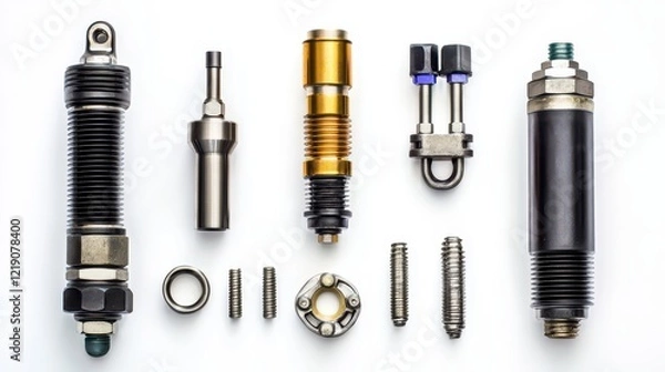 Fototapeta A set of engine oil pressure sensors and fuel injectors on a white isolated background