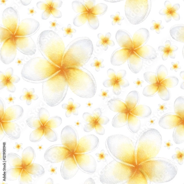 Fototapeta Plumeria flower in pastel yellow and white color. Hand drawn watercolor seamless pattern of delicate frangipani isolated from background. Drawing of tropic plant for packaging, textile and spa design.