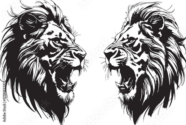 Fototapeta A majestic wild roaring lion king's head tattoo set, showcasing both front and side views of the predator's face, rendered in exquisite black and white ink sketch silhouettes.