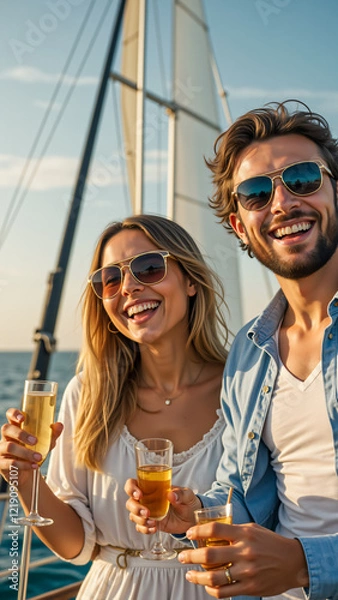 Fototapeta A man and a woman are enjoying a leisurely in front of a sailboat. 