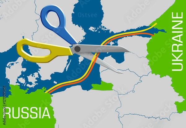 Obraz The map of the Nord Stream 2 gas pipeline is divided into two parts, one of which is designated as Russia and the other as Ukraine. The scissors are located in the middle of the map