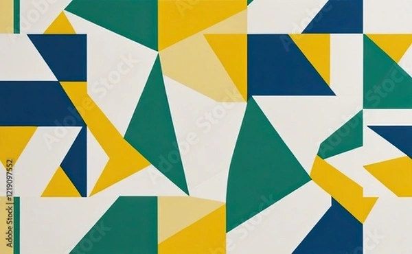 Fototapeta A vibrant abstract geometric pattern with intersecting shapes in shades of yellow, teal, green, and white.
