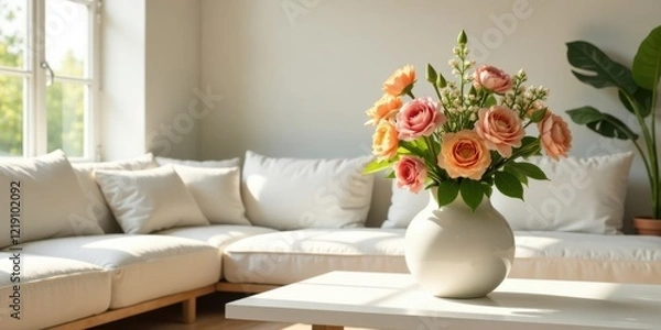 Fototapeta Sunlit Living Room with Peach Roses in a Vase on a Coffee Table