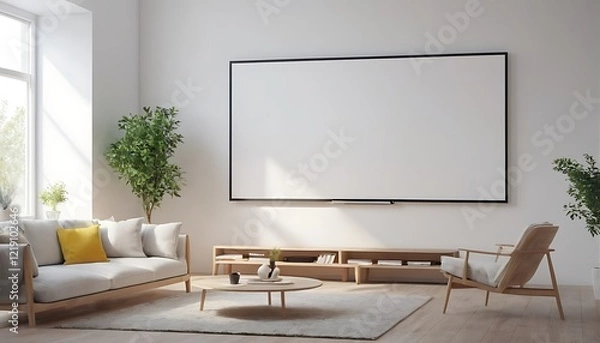 Fototapeta  Living room wall poster mockup. Interior mockup with house background. Modern interior design. 3D render,Cozy Scandinavian Style Room with Two Empty Picture Frames,apartment, comfortable,834